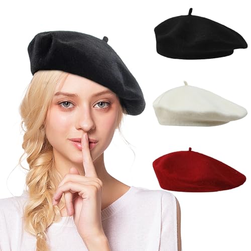 JSTHHTT 3 Piezas Sombrero de Boina Francés, Clásica Lana Gorro para Mujeres, Invierno Artista Cálido...