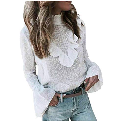 Blusas y tops, sexy para mujer, manga larga, cuello alto, bordado, con volantes, camiseta, blusas para...
