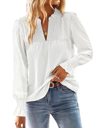 TUUHAW Camisa Mujer Manga Larga Boho Blusa Oto&ntilde;o Elegante con Cuello en V 2025 Moda Bordado Encaje...