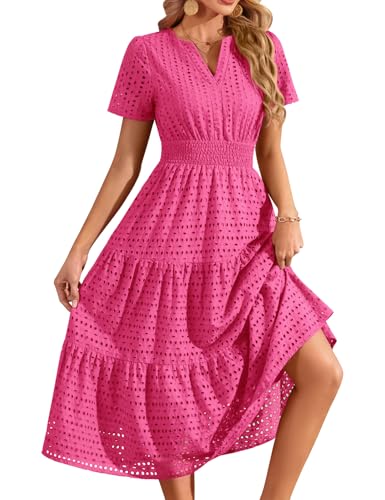 heekpek Vestido Largo Verano Mujer Algod&oacute;n Cuello en V Vestido Elegante Manga Corta A-Line Cintura Alta...