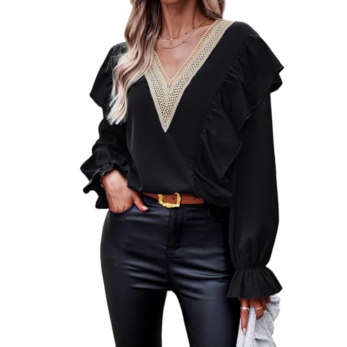 Atxnn Blusas Mujer Elegantes Camisa con Cuello en V Camisetas Boho Tops Manga Larga con Adornos de Encaje...