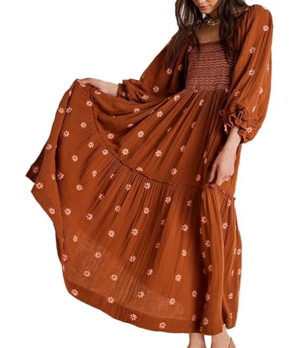 ticticlily Vestido Mujer Maxi Largo Elegante Boho Bordado Floral Vestidos de Casual Playa Vestido Manga...