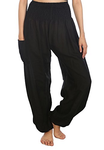 Lofbaz Mujer Pantalones Harem Boho de Cintura alforzada Solid Negro 4XL