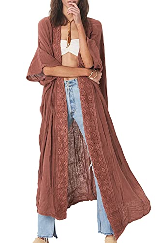 YouKD Vestido kimono largo bohemio para mujer, talla grande, c&aacute;rdigan cubreba&ntilde;ador de playa, bata, D...