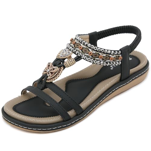 ZDQ Sandalias Mujer Verano Plana Comodas Bohemio Elegancia Casual Sandalia Negro 36 EU = Tama&ntilde;o del...