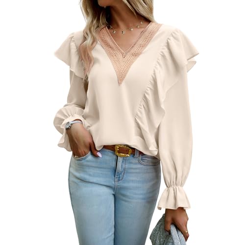 Atxnn Blusas Mujer Elegantes Camisa con Cuello en V Camisetas Boho Tops Manga Larga con Adornos de Encaje...