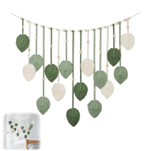 Tapiz de pared de macram&eacute; bohemio, 120 x 75 cm, con cuentas de madera y hojas, para exteriores, sal&oacute;n,...
