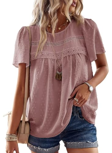 TUUHAW Camiseta Mujer con Cuello Redondo Boho Blusa Manga Corta Verano Elegante T&uacute;nica Volantes Encaje...