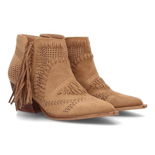 100050 Botin de Mujer Estilo Cowboy Diseno Calado Decorativo Detalle Lateral de Flecos, Tacon Ancho,...