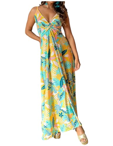 BUOYDM Vestido Mujer Largo Verano Casual Vestido Boho Floral Maxi con Cuello en V de Playa Amarillo XL