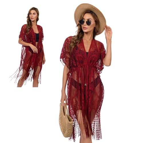 ZCJ Vestido de Playa para Mujer con Encaje y Flecos, Kimono de Playa con Cintura El&aacute;stica y...