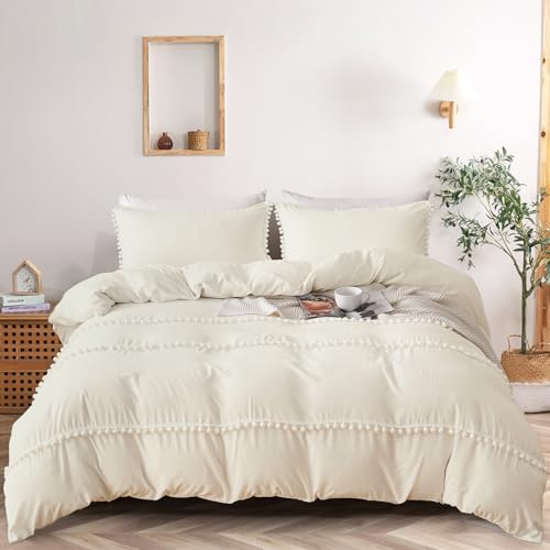 Fondream Juego de funda de edred&oacute;n beige de tama&ntilde;o doble, dise&ntilde;o de borlas y pompones, funda de...