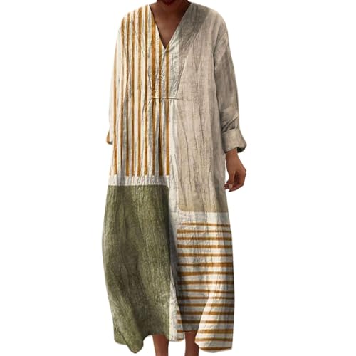 Vestido Boho Mujer Chic de Lino con Cuello en V Manga Larga Estampado Floral, Vestido Maxi Casual...