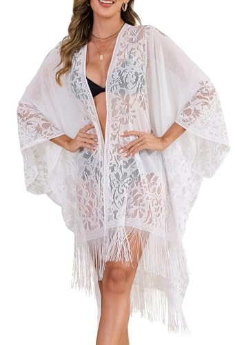 colornival Kimono de Playa para Mujer, Estilo Elegante con Encaje y Flecos, Transl&uacute;cido Vacaciones en la...