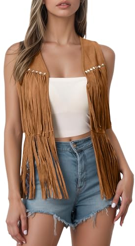 Maeau &ndash; Chaleco de mujer sin mangas falso ante con flecos casual chaqueta sin botones estilo vaquero...
