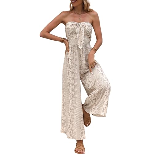 Mono palabra de honor para mujer con pierna ancha, lazo frontal, cintura alta, estampado boho, verano...