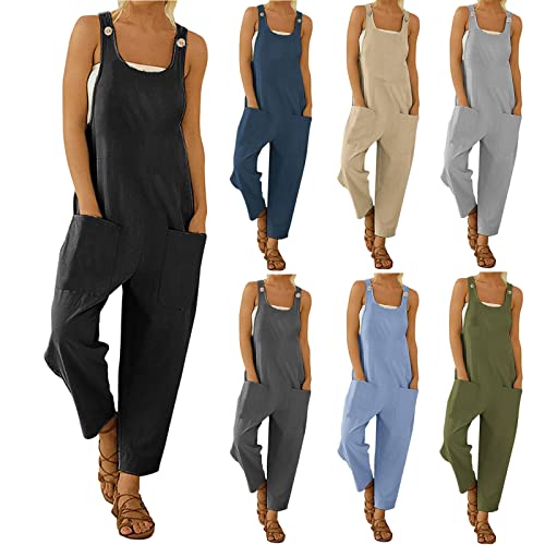 Mono Peto Mujer Lino de algod&oacute;n Suelto Jumpsuit Moda Casual Petos de Pantalones Largo Bolsillo Color...