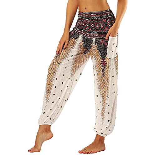 Nuofengkudu Mujer Pantalones Hippies Tailandeses Estampado Verano Cintura Alta Elastica con Bolsillos...