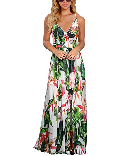 BUOYDM Vestido Mujer Casual Largo Sexy Vestido Boho Floral Maxi con Cuello en V de Playa Verano Vestido