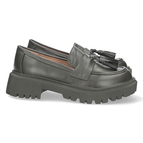 75399 Mocasin de Mujer, Comodo, con Suela Dentada, Antifaz con Borlas, sin Cierre, Ajustado al Pie Verde...