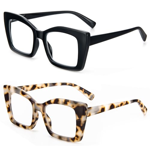 MMOWW Paquete de 2 gafas de lectura de gran tama&ntilde;o para mujeres con montura cuadrada, estilo de moda,...