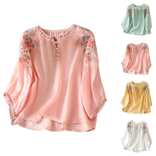 Camisa Holgada Mujer de Lino Manga Larga, Blusa de Verano con Bordado de Flore Delicado,Camisa Estilo...