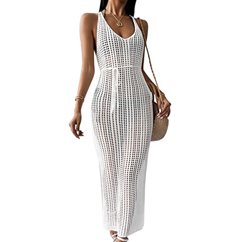 KOEMCY Vestido de Playa Mujer Crochet Hollow out Cover Ups sin Mangas Side Split Long Playa Vestidos Ropa...