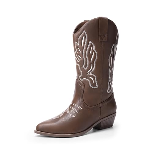 DREAM PAIRS Botas Cowboy Mujer Botas Campera de Media Ca&ntilde;a de Tacon Ancho de 4.3cm para Oto&ntilde;o e...