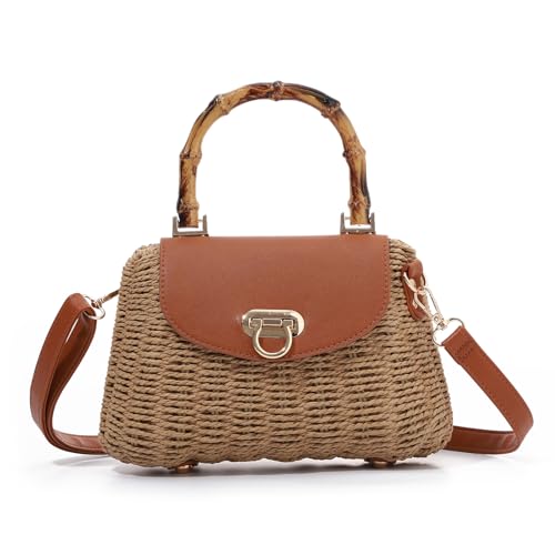EVEOUT Bolso Bandolera Paja Tejido con Asa Mujer Boho Chic Bolso Cesta de Mano de Rat&aacute;n Sint&eacute;tico para...