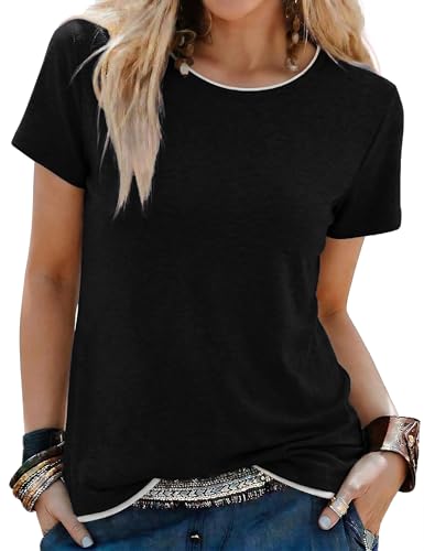 Camiseta Negro Manga Corta Mujer de Cuello Redondo Camisetas Basicas Corte Suelto T Shirt de Contraste...