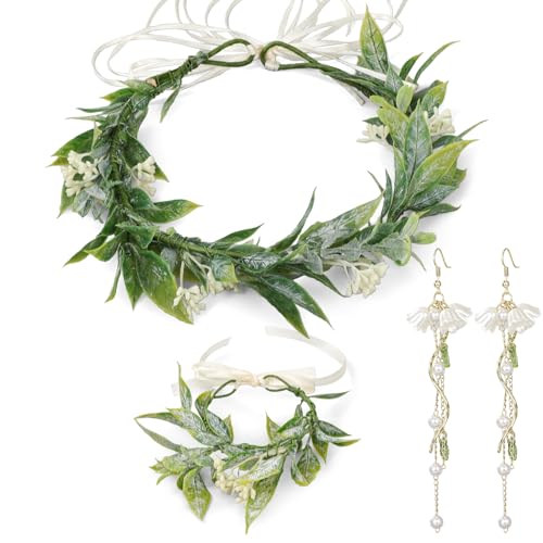 MWOOT Corona Flores Flor de Mu&ntilde;eca Pendientes, Diadema y Pulsera de Flores Hojas Novia con Cinta...