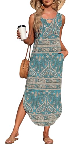 AUSELILY Vestido Verano Mujer Sin Mangas Largo Abertura Informal con Bolsillos Boho Floral Verde M