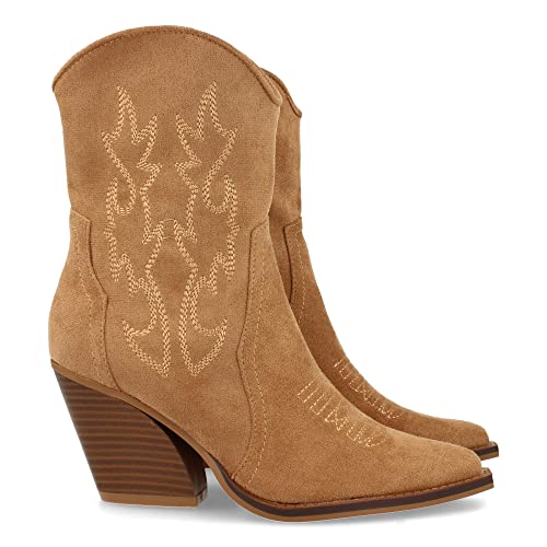 62159-Botin de Tacon Campero para Mujer, Bordado en Cana y Empeine, y Cierre de Cremallera, Otono...