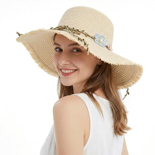 LY4U Sombrero de Paja para Mujer y Ni&ntilde;a de Sol UPF 50, de Playa de Verano, Floppy Roll Up para Viaje
