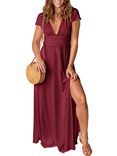 QUNERY Vestido Largo Mujer Manga Corta Vestido Mujer Verano Elegante Vestidos Cuello en V Dividido Verano...