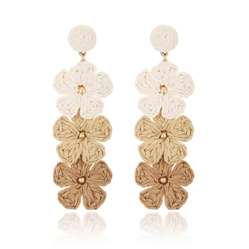 Dermalyx Raffia Blumen Pendientes, Base Trenzada De Paja, Pendientes Colgantes Boho, Pendientes De Perlas...