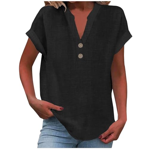 Camisa Mujer Lino Algod&oacute;n Manga Corta Camiseta Blusa Polo Ligero Verano Moda Casual Color S&oacute;lido...