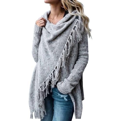 C&aacute;rdigan Abierto Estilo Boho para Mujer, Tejido Jaspeado con Flecos y borlas, Cuello Redondo Holgado,...