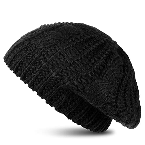 Gorro de Boina de Punto de Mujer Boina Holgada Negra Sombrero Cálido Holgado Trenzado de Invierno para...