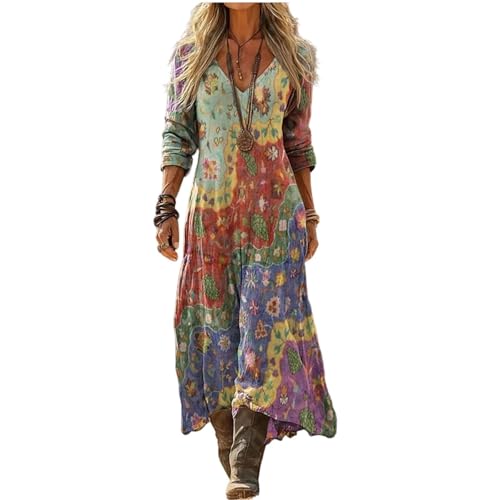 Vestido Largo Mujer Estilo Boho con Estampado &Eacute;tnico Geom&eacute;trico, Cuello en V Manga Larga de Lino y...