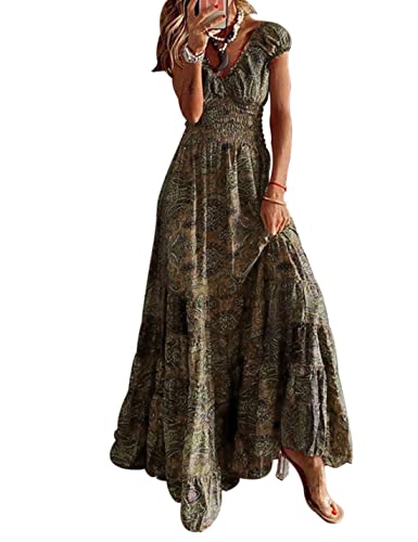 ABYOVRT Vestido Mujer Bohemio Largo Verano Cuello en V Manga Corta Floral Maxi Vestidos C&oacute;ctel Falda...