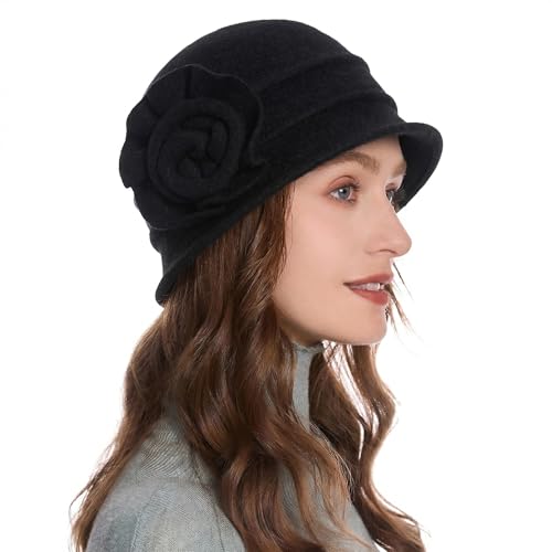 ZLYC 1920 Vintage Sombrero de Campana de Lana Sombreros de Bomb&iacute;n para Mujer(Patr&oacute;n Floral Negro.)