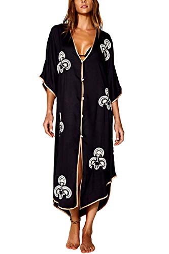 YouKD C&aacute;rdigan Flojo Bordado Floral de algod&oacute;n de Verano Vestido de Encubrimiento de Bikini de Playa...