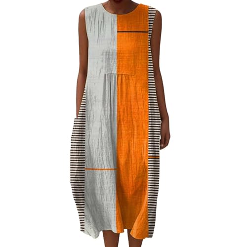 Udbeksid Vestido Mujer Estivo Boho Chic - Abito sin Mangas Largo de Lino Estampado y Bolsillos, Suave...