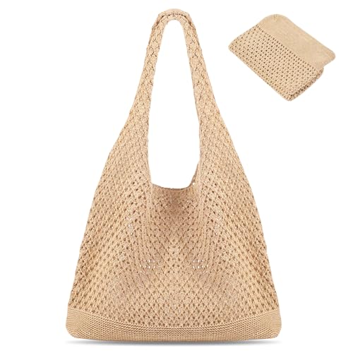 IHLOOTD Bolsa de Playa Malla, Bolso de Hombro Punto, Bolso de Ganchillo Mujer, Bolso Playa Crochet para...