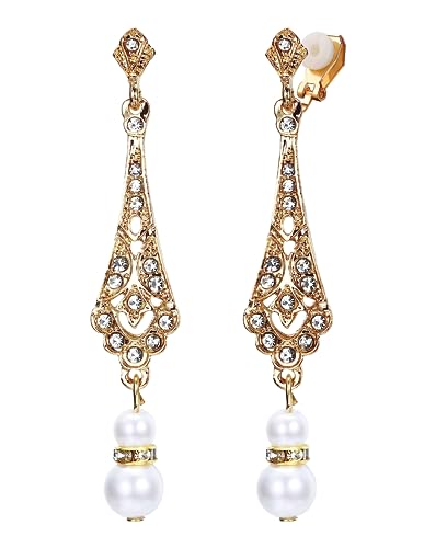 Adramata Pendientes de Perla de Plata Largas - Clips No Piercing para Boda
