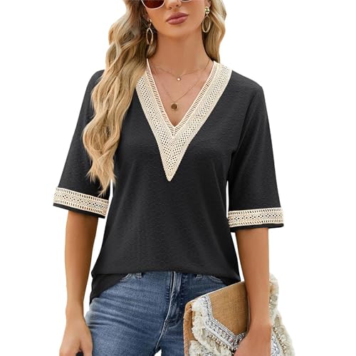 Atxnn Camiseta Mujer de Manga Media Blusas Boho con Cuello en V Camisa Elegante con Encaje Tops de Verano...