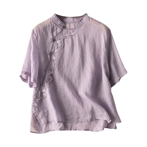 Blusas de lino de estilo retro bohemio para mujer, blusa bordada con gráficos florales para verano,...