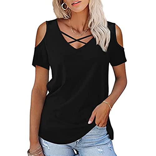 FFWTPY Blusa Mujer Hombros Descubiertos Camiseta Manga Corta Cuello V Cruzado Top Verano Elegante Blusas...