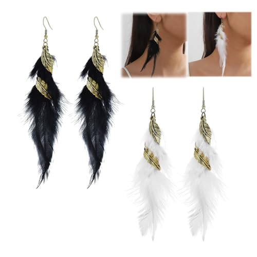 Pendientes de pluma bohemios con flecos, dise&ntilde;o elegante y ligero, color negro y blanco, ideales para...